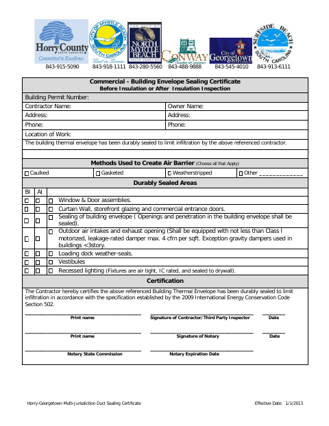 First page of the Commercial Building Envelope Sealing Certificate