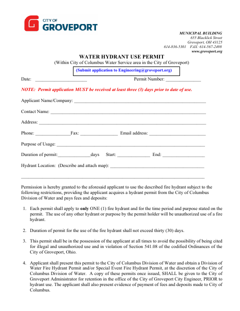 First page of the Water Hydrant Use Permit