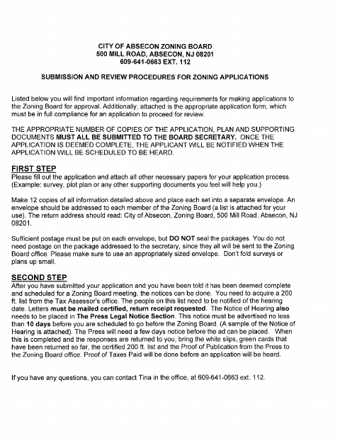 First page of the Zoning Variance Instructions and Application