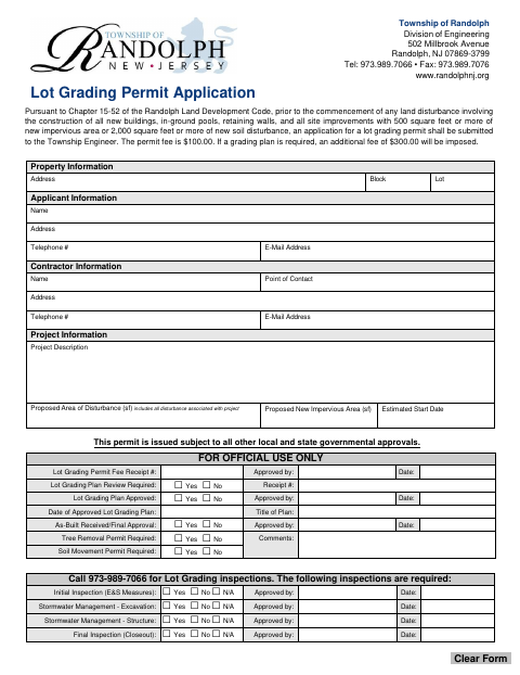 First page of the Lot Grading Permit Application