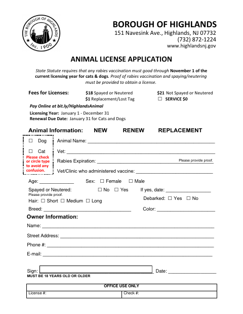 First page of the Animal License Application