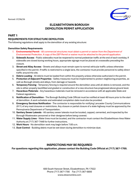 First page of the Demolition Permit Application