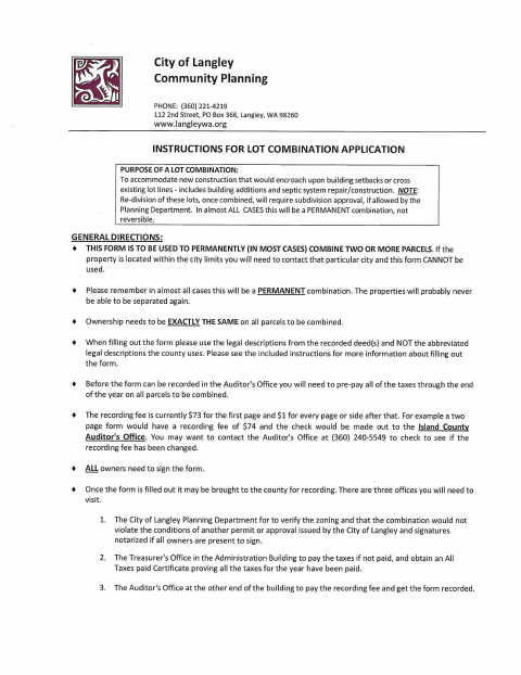 First page of the Lot Combination Application