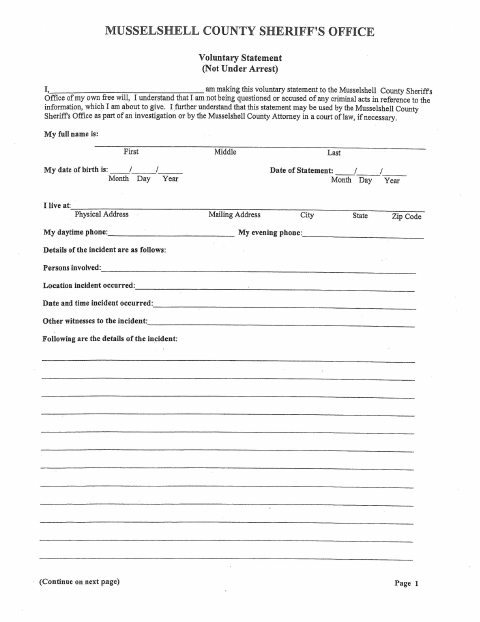 First page of the Musselshell County Sheriff Voluntary Statement