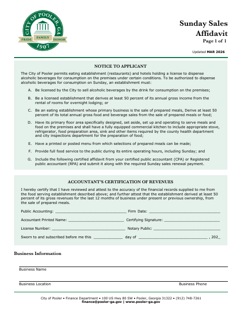 First page of the Sunday Sales Affidavit