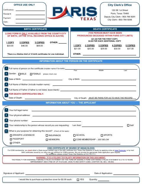 First page of the Birth Certificate and Death Certificate Application