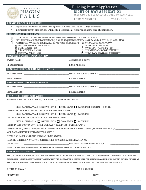 First page of the Right-of-Way Permit Application for Sewer, Water, Driveway, and Sidewalk Work