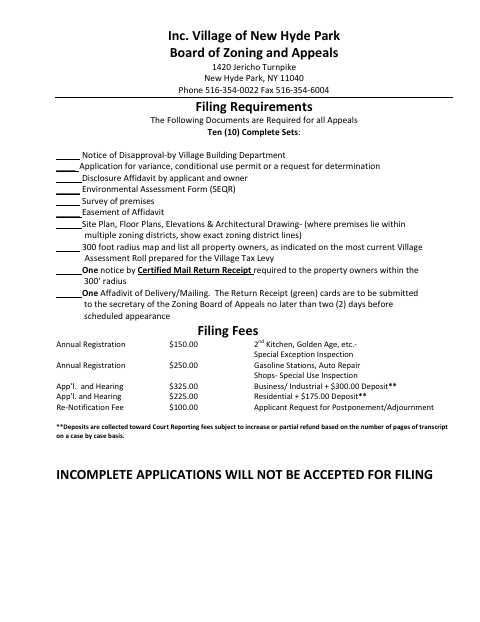 First page of the Board of Zoning and Appeals Application