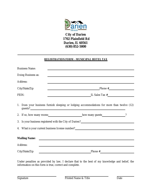 First page of the Municipal Hotel Tax Registration Form