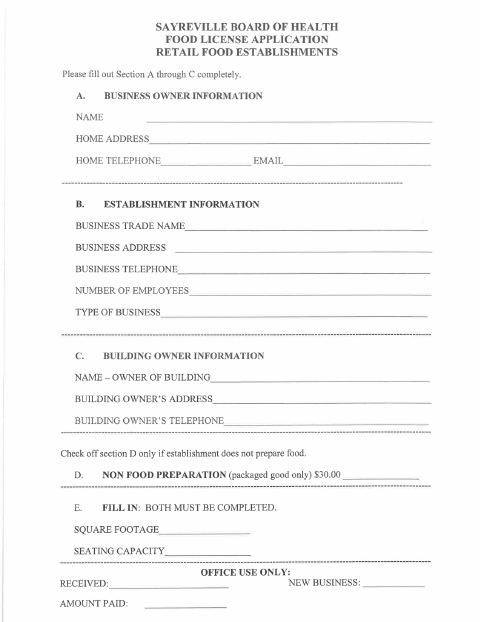 First page of the Retail Food Establishments Food License Application