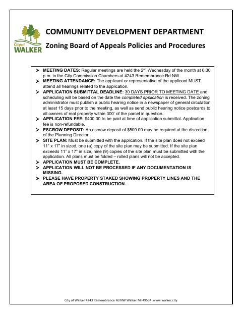 First page of the Zoning Board of Appeals Variance Application