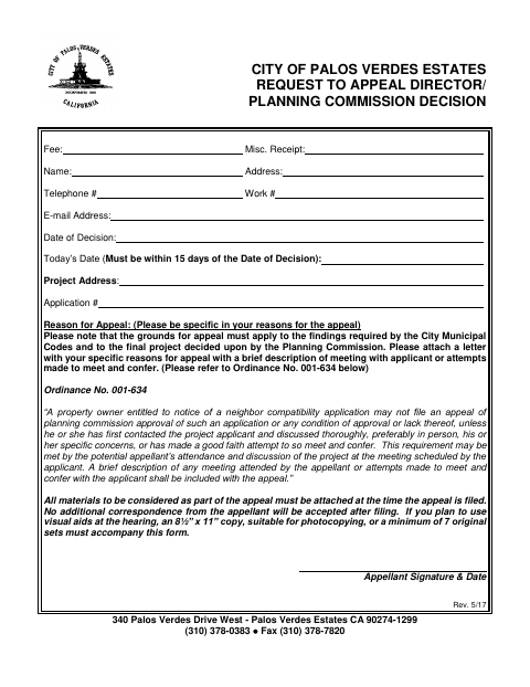 First page of the Request to Appeal Director/Planning Commission Decision