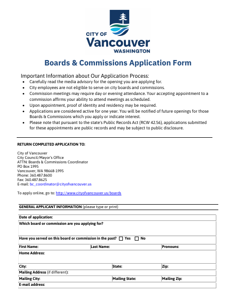 First page of the Boards & Commissions Application Form