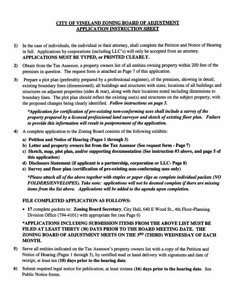 First page of the Zoning Board of Adjustment Application