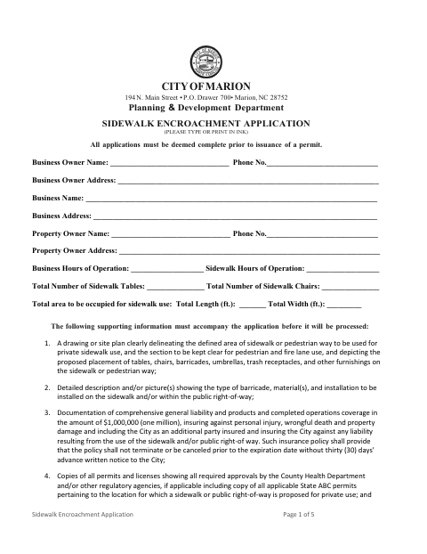 First page of the Sidewalk Encroachment Application