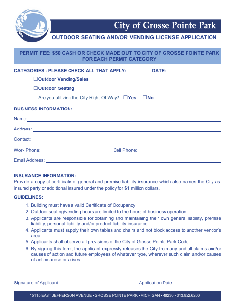 First page of the Outdoor Seating and/or Vending License Application