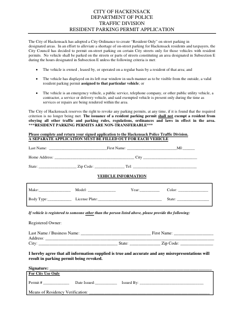First page of the Resident Parking Permit Application