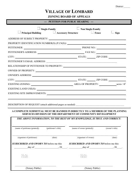 First page of the Zoning Board of Appeals Petition for Public Hearing