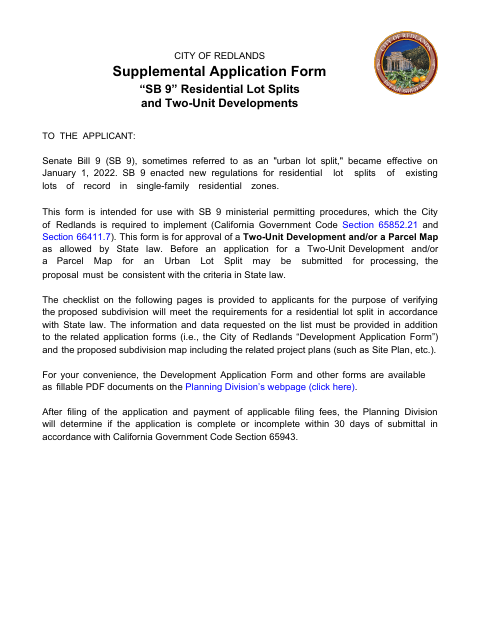 First page of the SB 9 Supplemental Application Form for Residential Lot Splits and Two-Unit Developments