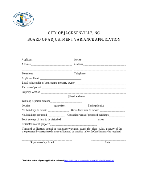 First page of the Board of Adjustment Variance Application