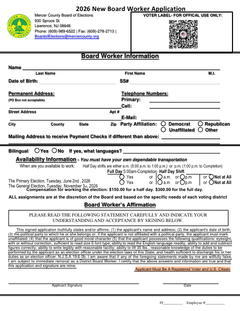 First page of the 2026 New Board Worker Application