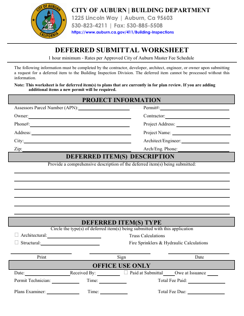 First page of the Deferred Submittal Worksheet