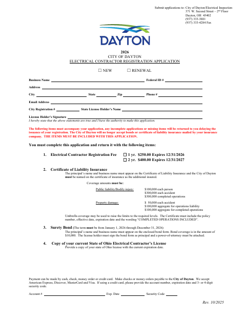 First page of the Electrical Contractor Registration Application