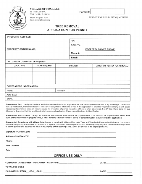 First page of the Tree Removal Application