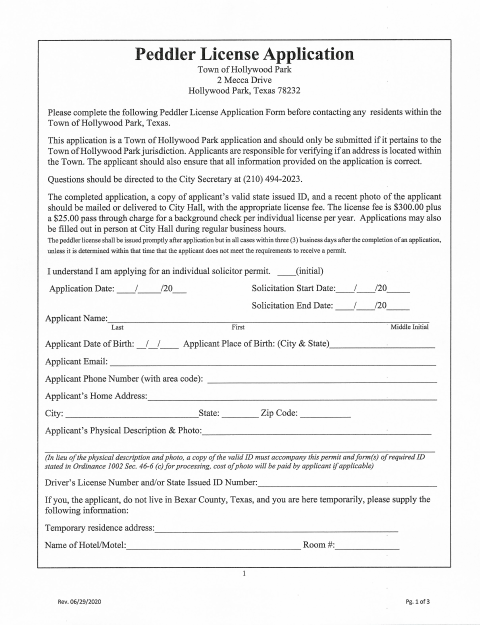 First page of the Peddler License Application
