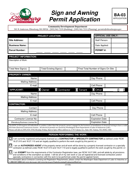First page of the Sign and Awning Permit Application