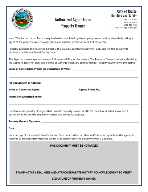 First page of the Property Owner Authorized Agent Form