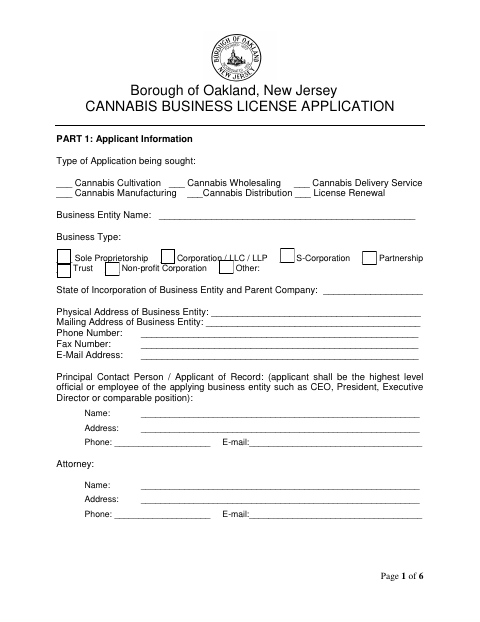 First page of the Cannabis Business License Application