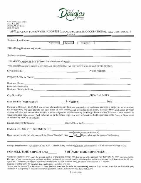 First page of the Business Occupational Tax Certificate Application