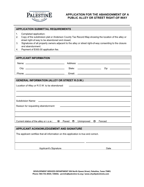 First page of the Application for the Abandonment of a Public Alley or Street Right-of-Way