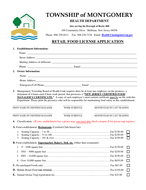 First page of the Retail Food License Application