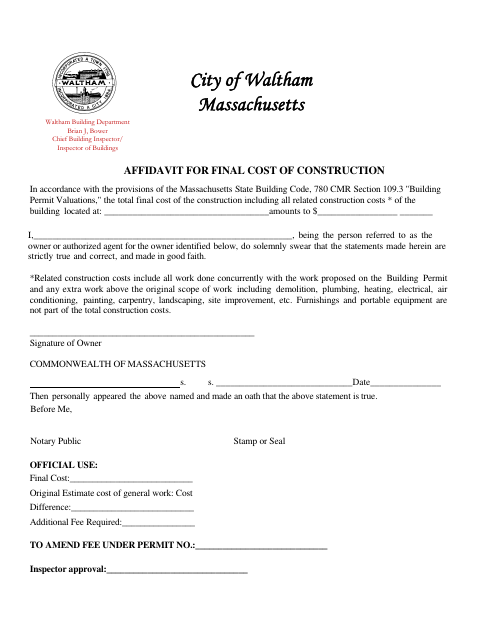 First page of the Affidavit for Final Cost of Construction