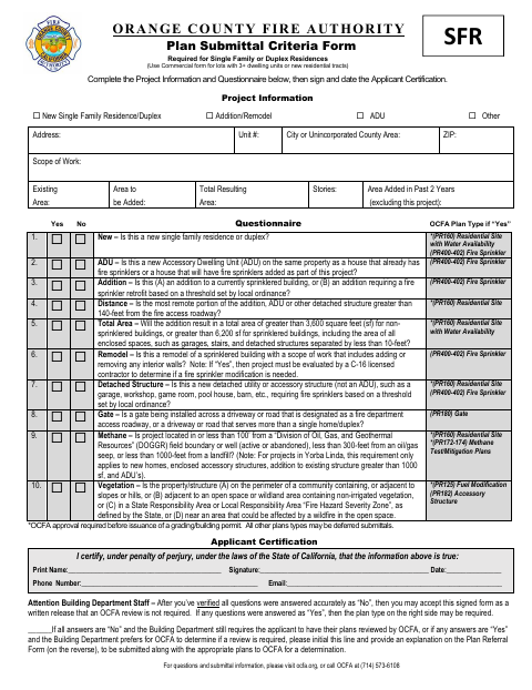 First page of the Plan Submittal Criteria Form