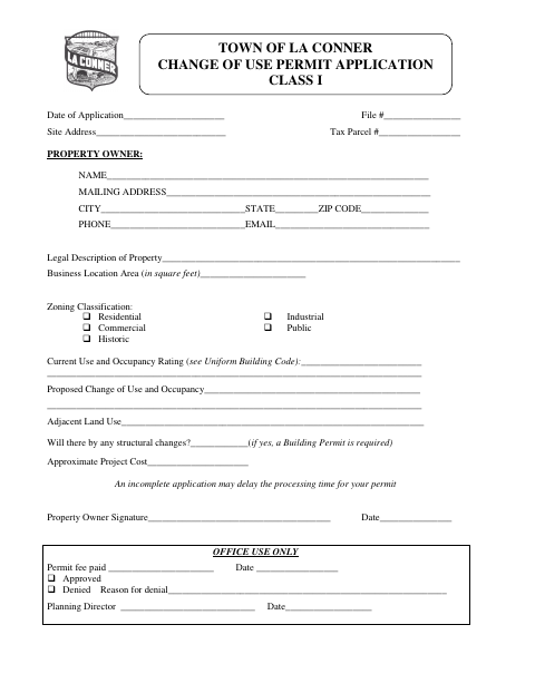 First page of the Change of Use Permit Application Class I