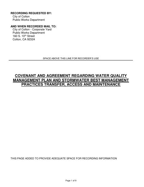 First page of the Water Quality Management Plan Covenant and Agreement