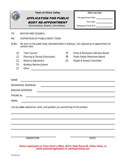 First page of the Application for Public Body Re-Appointment