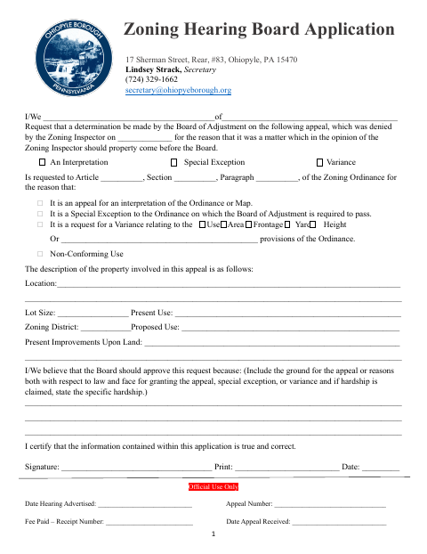 First page of the Zoning Hearing Board Application