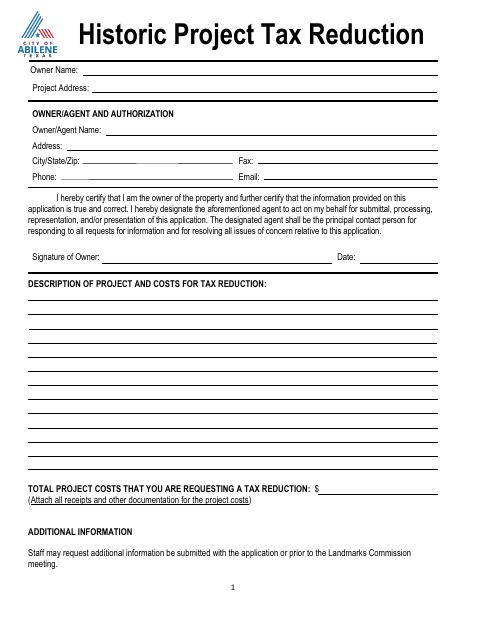 First page of the Historic Project Tax Reduction Application