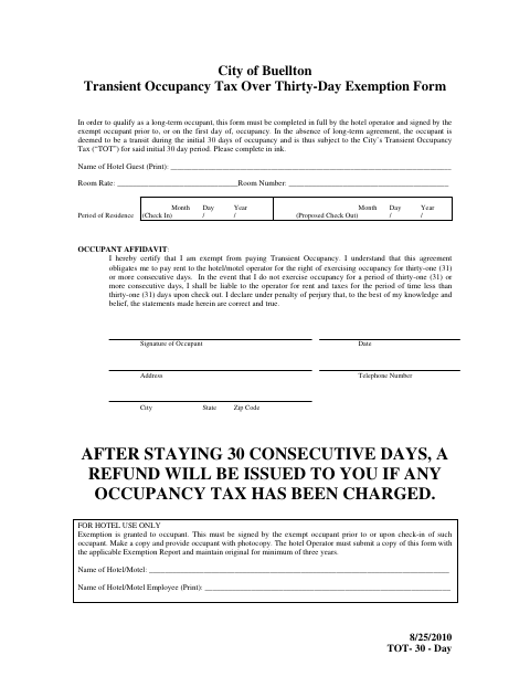 First page of the Transient Occupancy Tax Over Thirty-Day Exemption Form