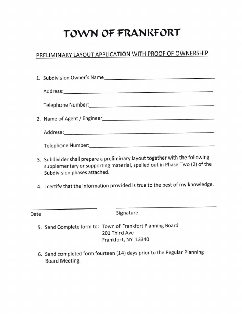 First page of the Preliminary Layout Application With Proof of Ownership