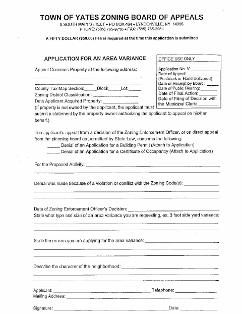 First page of the Zoning Board of Appeals Application for an Area Variance