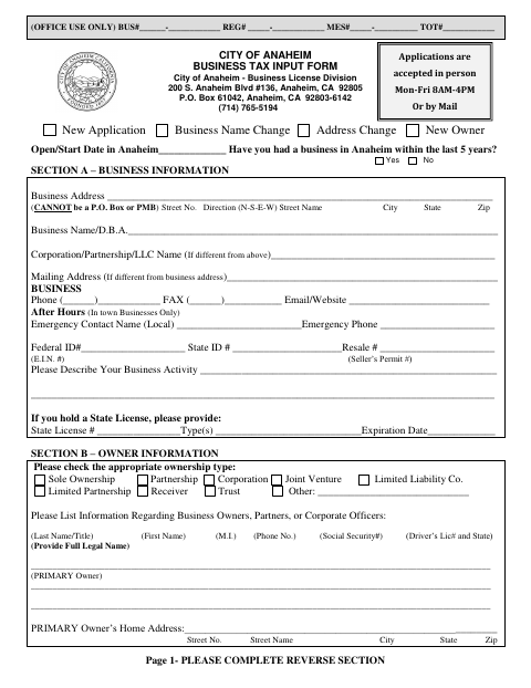 First page of the Business Tax Input Form