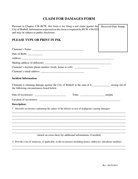 First page of the Claim for Damages Form