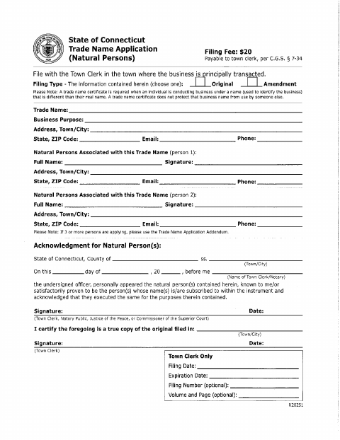 First page of the Natural Person Trade Name Application