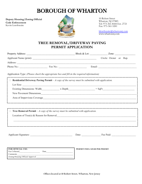 First page of the Tree Removal/Driveway Paving Permit Application