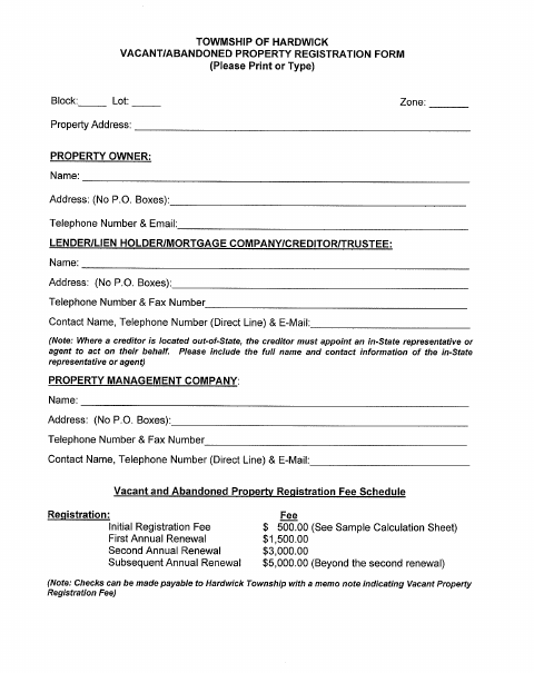 First page of the Vacant or Abandoned Property Registration Form